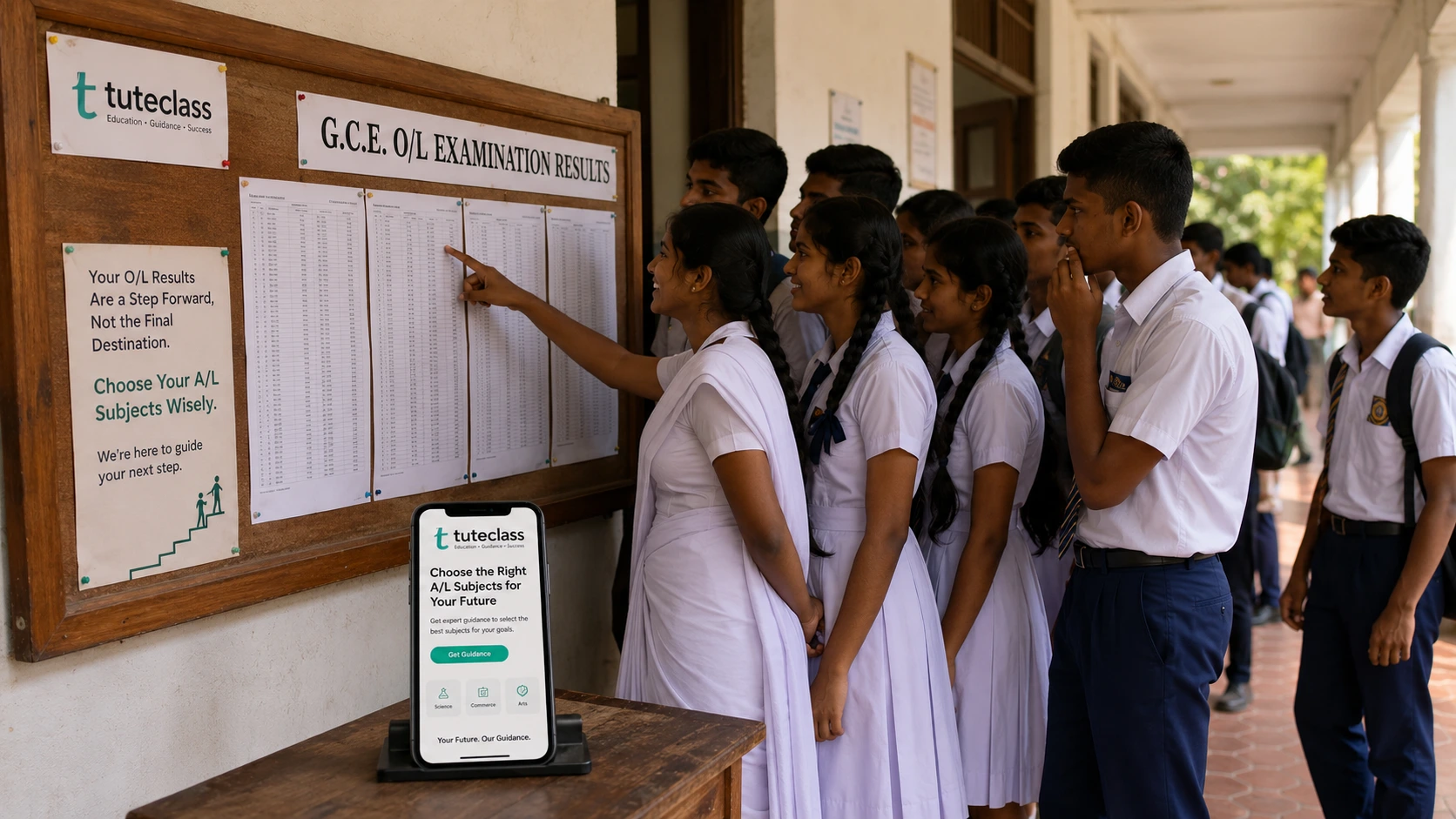 Students checking O/L results on a notice board at a Sri Lankan school