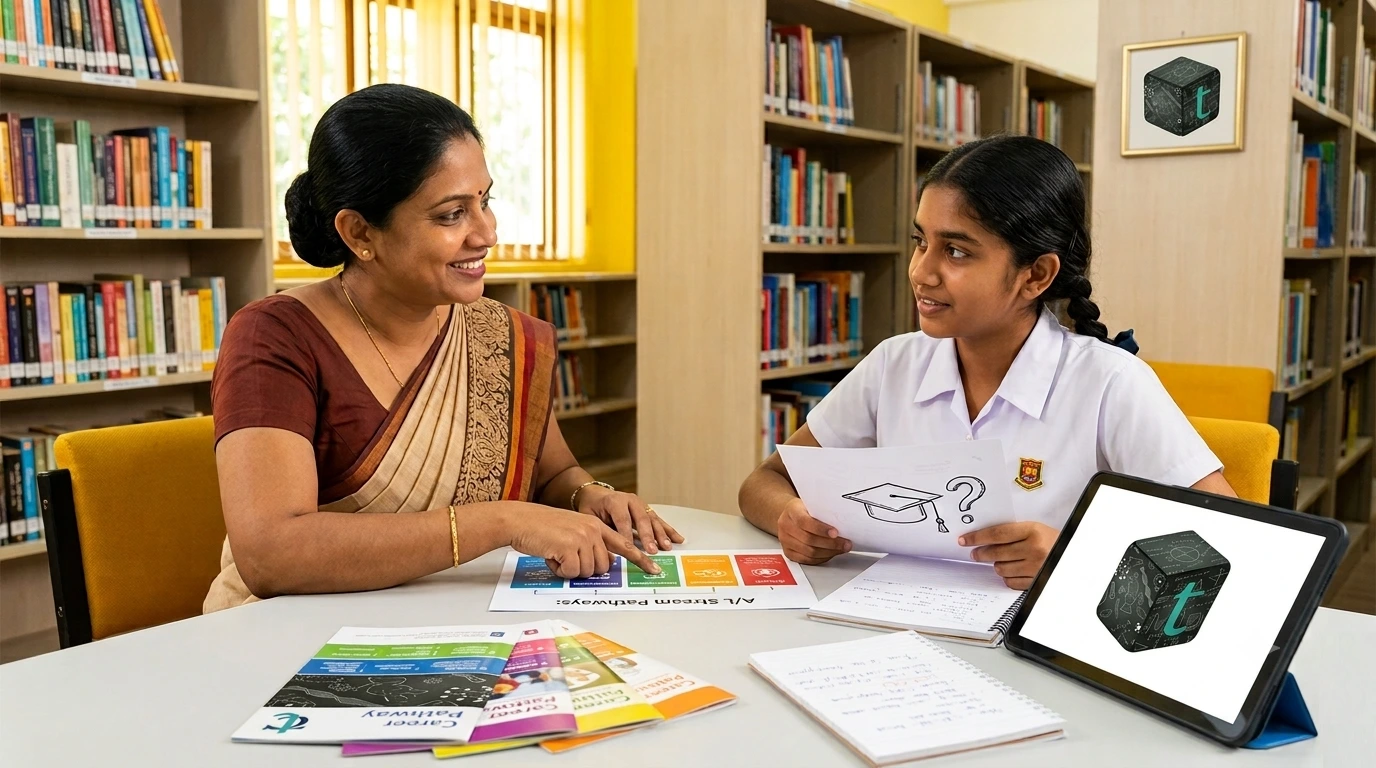 A teacher guiding a Sri Lankan student in discovering their academic strengths and career interests