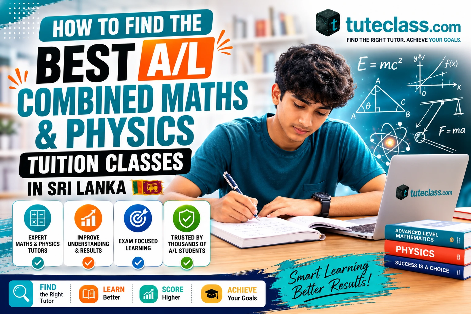 Dedicated Sri Lankan A/L Combined Maths and Physics class in session with students intensely solving calculus and mechanics problems on a whiteboard, featuring the TuteClass logo as a trusted education partner