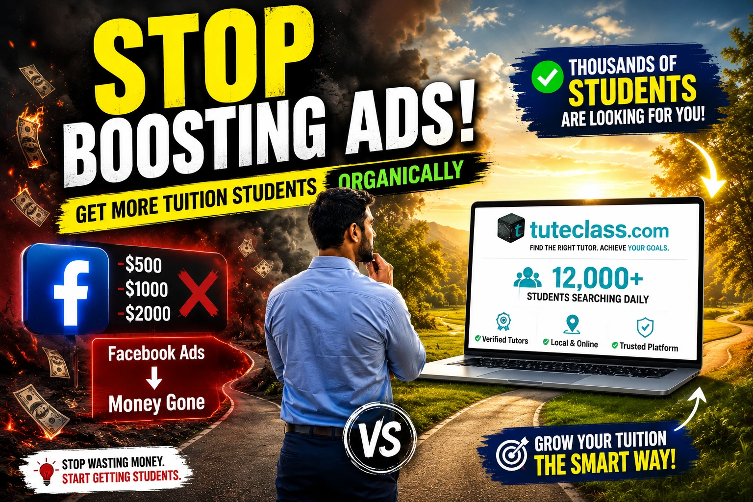 Sri Lankan private tutor comparing Facebook boosted post costs with a fixed-fee annual tuition class advertisement