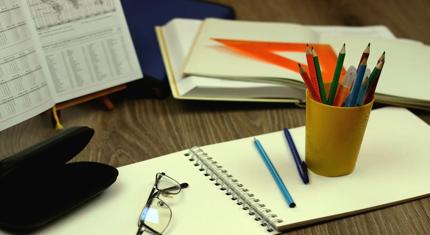 Desk with notebook, pencils, glasses, and a marking scheme