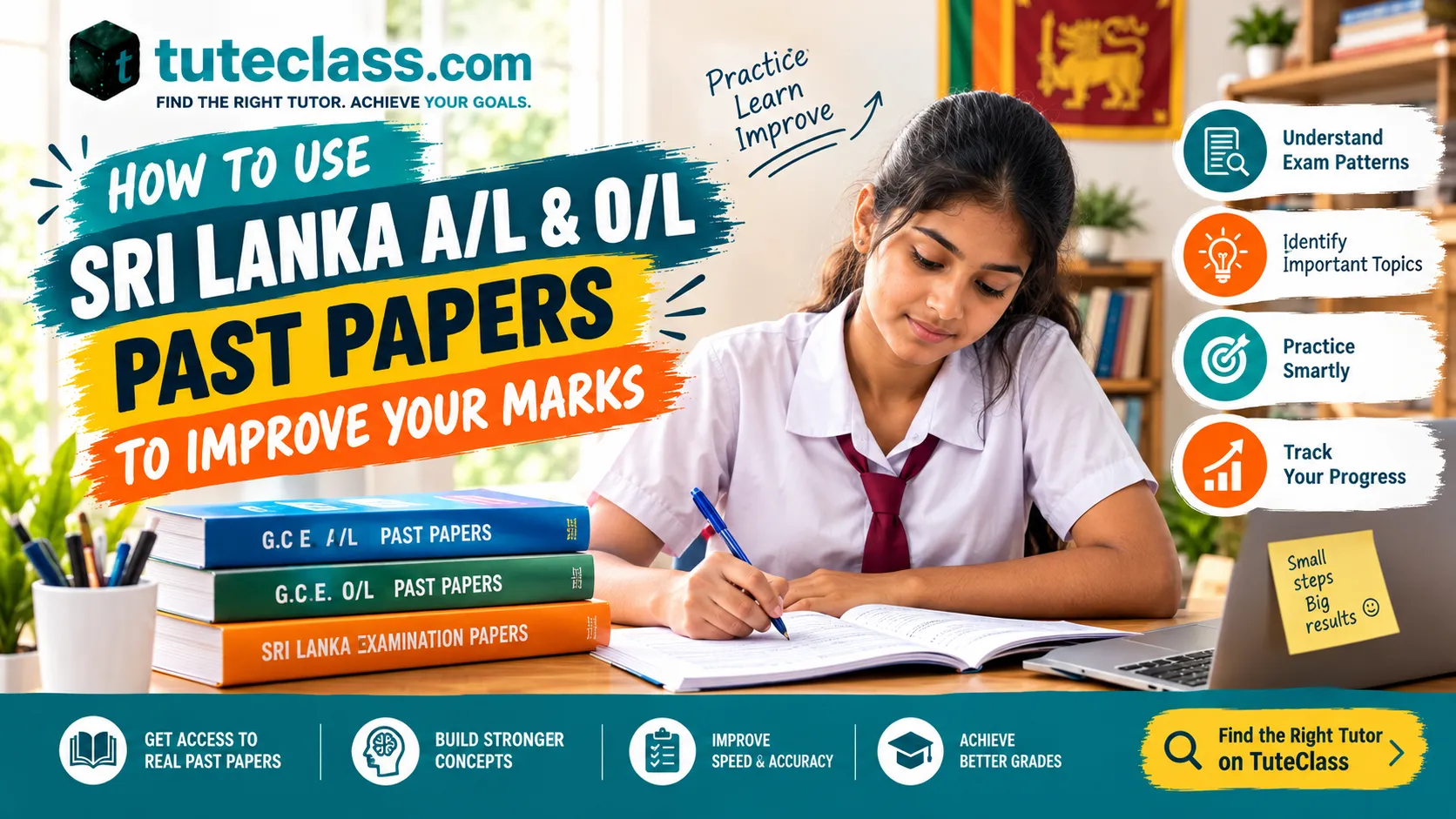 Student studying with past papers and TuteClass banner